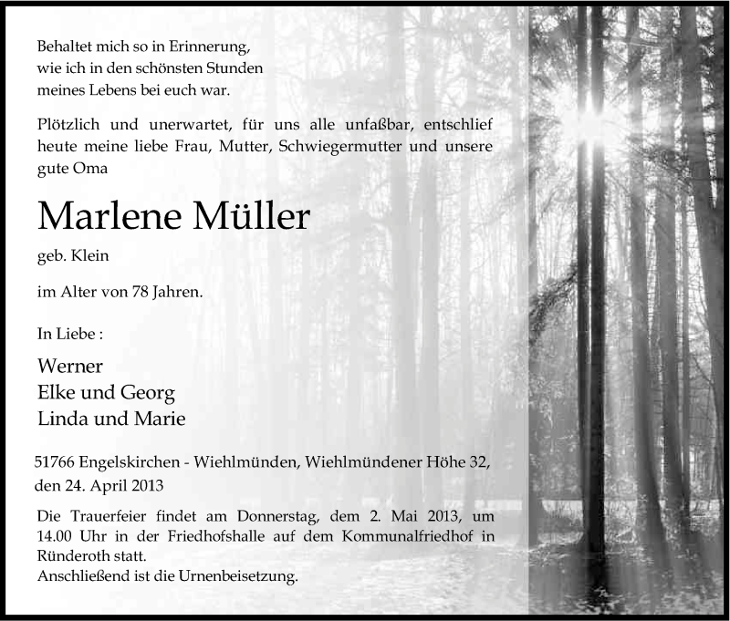  Traueranzeige für Marlene Müller vom 27.04.2013 aus Kölner Stadt-Anzeiger / Kölnische Rundschau / Express