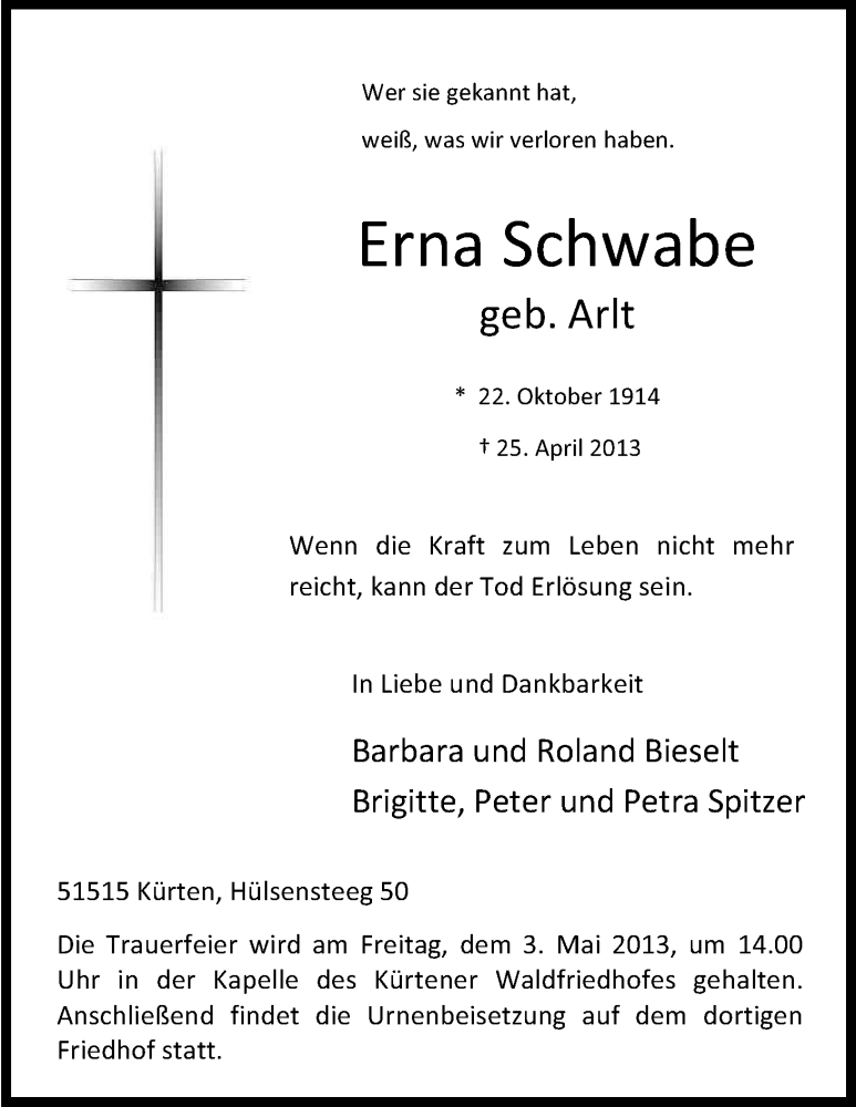  Traueranzeige für Erna Schwabe vom 27.04.2013 aus Kölner Stadt-Anzeiger / Kölnische Rundschau / Express