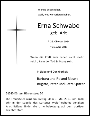 Anzeige von Erna Schwabe von Kölner Stadt-Anzeiger / Kölnische Rundschau / Express