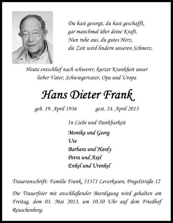 Anzeige von Hans Dieter Frank von Kölner Stadt-Anzeiger / Kölnische Rundschau / Express
