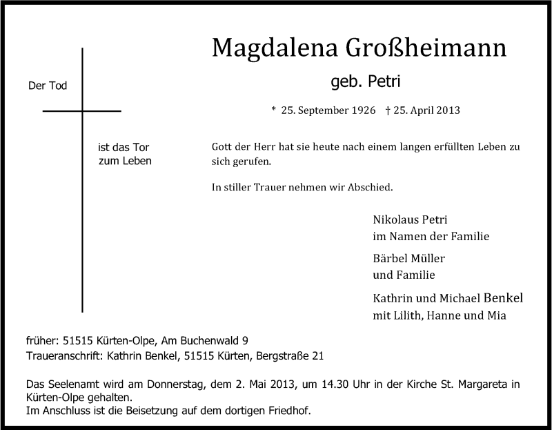  Traueranzeige für Magdalena Großheimann vom 27.04.2013 aus Kölner Stadt-Anzeiger / Kölnische Rundschau / Express