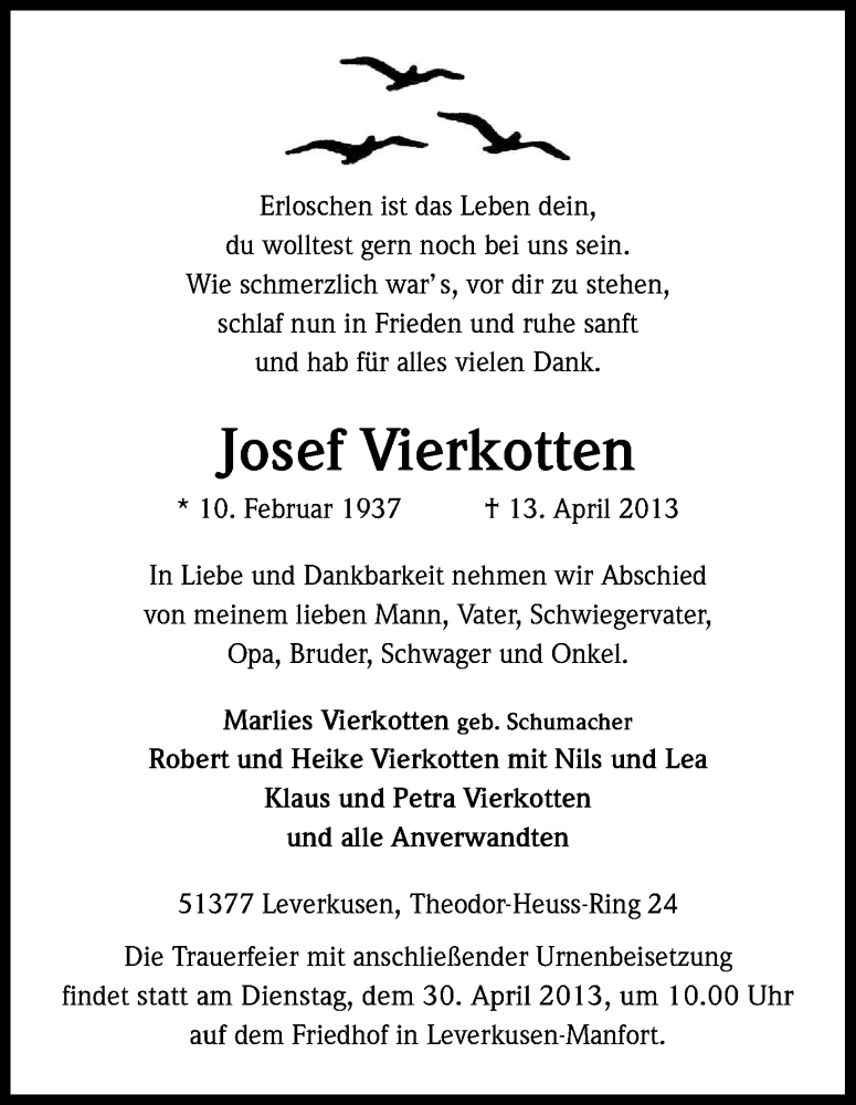  Traueranzeige für Josef Vierkotten vom 27.04.2013 aus Kölner Stadt-Anzeiger / Kölnische Rundschau / Express