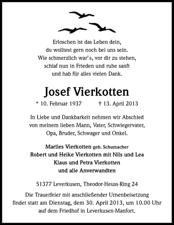 Anzeige von Josef Vierkotten von Kölner Stadt-Anzeiger / Kölnische Rundschau / Express