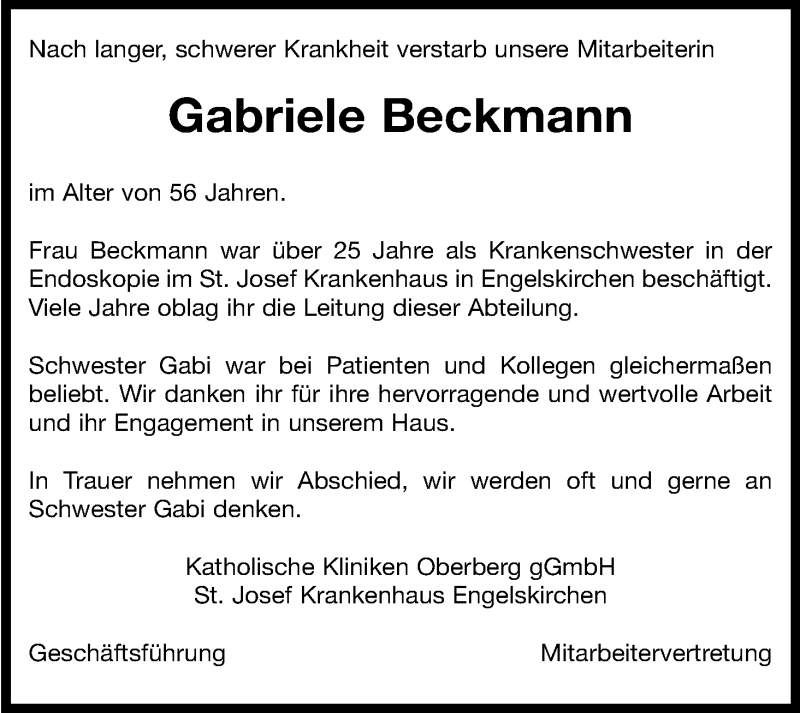  Traueranzeige für Gabriele Beckmann vom 27.04.2013 aus Kölner Stadt-Anzeiger / Kölnische Rundschau / Express