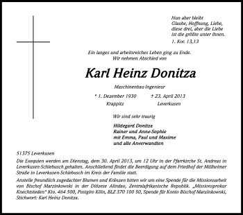 Anzeige von Karl Heinz Donitza von Kölner Stadt-Anzeiger / Kölnische Rundschau / Express