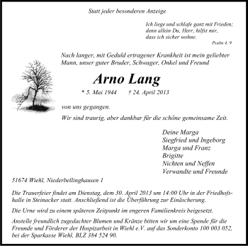 Anzeige von Arno Lang von Kölner Stadt-Anzeiger / Kölnische Rundschau / Express