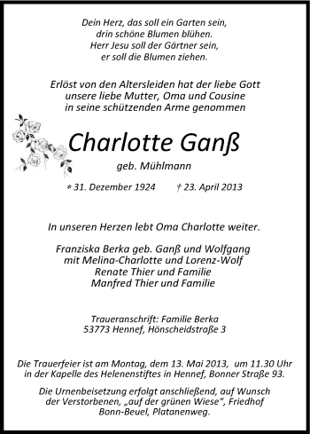 Anzeige von Charlotte Ganß von Kölner Stadt-Anzeiger / Kölnische Rundschau / Express