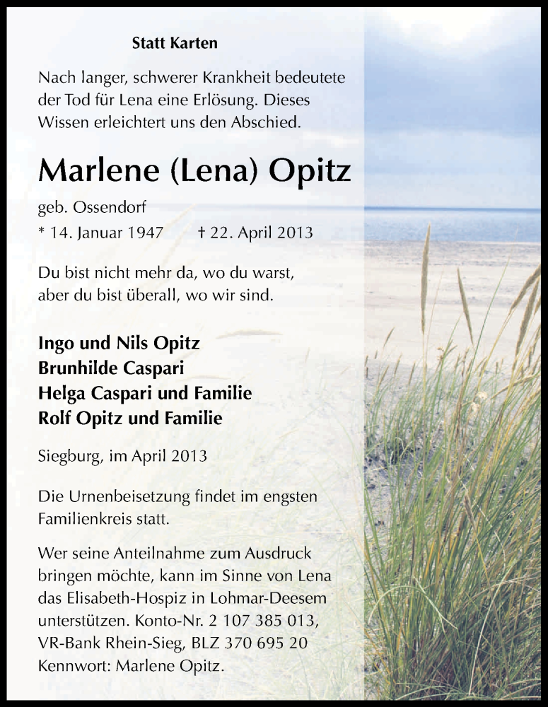  Traueranzeige für Marlene Opitz vom 27.04.2013 aus Kölner Stadt-Anzeiger / Kölnische Rundschau / Express