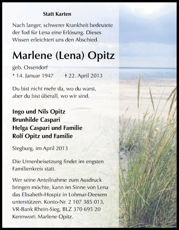 Anzeige von Marlene Opitz von Kölner Stadt-Anzeiger / Kölnische Rundschau / Express