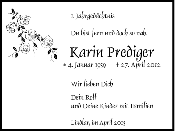 Anzeige von Karin Prediger von Kölner Stadt-Anzeiger / Kölnische Rundschau / Express