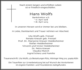 Anzeige von Hans Wolfs von Kölner Stadt-Anzeiger / Kölnische Rundschau / Express