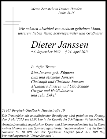 Anzeige von Dieter Janssen von Kölner Stadt-Anzeiger / Kölnische Rundschau / Express