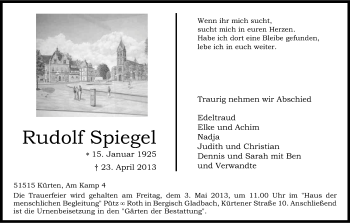 Anzeige von Rudolf Spiegel von Kölner Stadt-Anzeiger / Kölnische Rundschau / Express