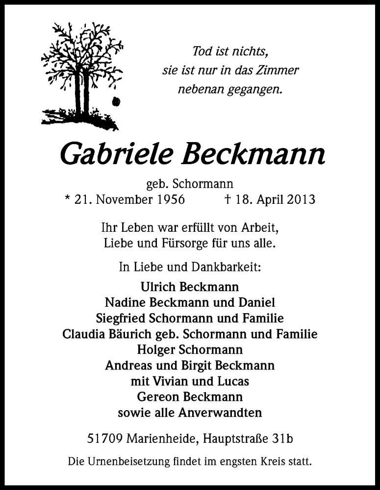  Traueranzeige für Gabriele Beckmann vom 27.04.2013 aus Kölner Stadt-Anzeiger / Kölnische Rundschau / Express