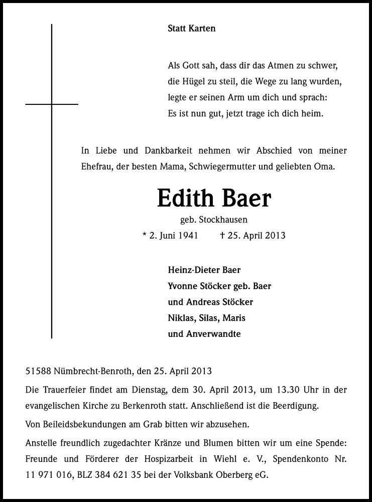  Traueranzeige für Edith Baer vom 27.04.2013 aus Kölner Stadt-Anzeiger / Kölnische Rundschau / Express
