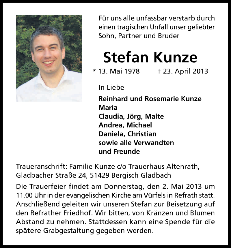  Traueranzeige für Stefan Kunze vom 27.04.2013 aus Kölner Stadt-Anzeiger / Kölnische Rundschau / Express