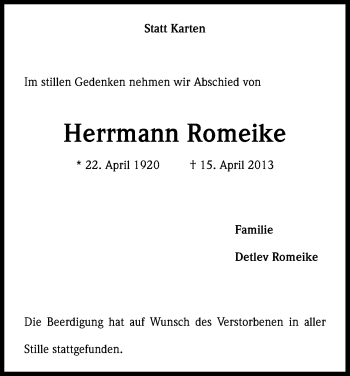 Anzeige von Herrmann Romeike von Kölner Stadt-Anzeiger / Kölnische Rundschau / Express
