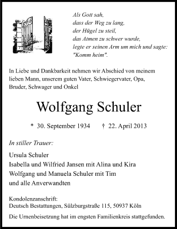Anzeige von Wolfgang Schuler von Kölner Stadt-Anzeiger / Kölnische Rundschau / Express