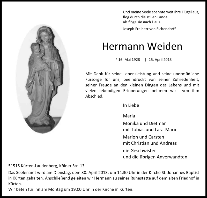  Traueranzeige für Hermann Weiden vom 27.04.2013 aus Kölner Stadt-Anzeiger / Kölnische Rundschau / Express