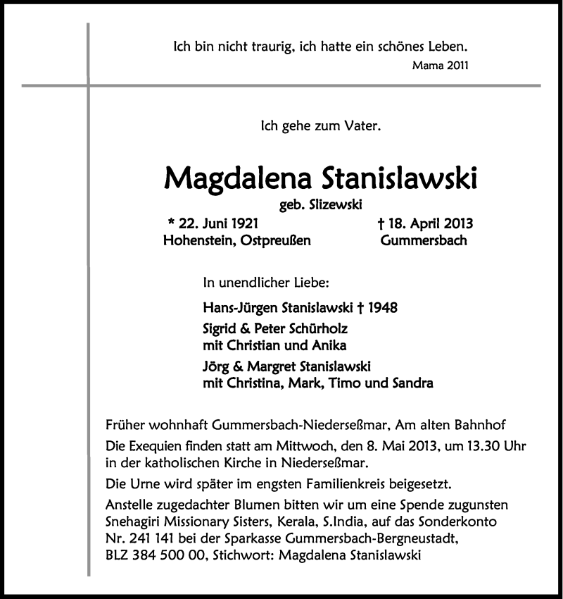  Traueranzeige für Magdalena Stanislawski vom 04.05.2013 aus Kölner Stadt-Anzeiger / Kölnische Rundschau / Express