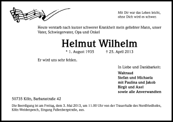 Anzeige von Helmut Wilhelm von Kölner Stadt-Anzeiger / Kölnische Rundschau / Express