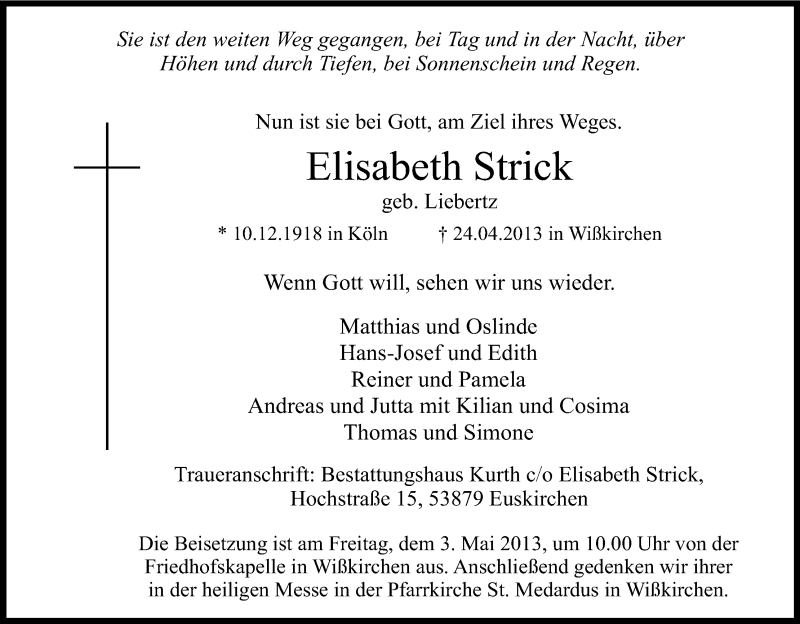  Traueranzeige für Elisabeth Strick vom 29.04.2013 aus Kölner Stadt-Anzeiger / Kölnische Rundschau / Express