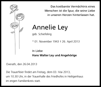 Anzeige von Annelie Ley von Kölner Stadt-Anzeiger / Kölnische Rundschau / Express