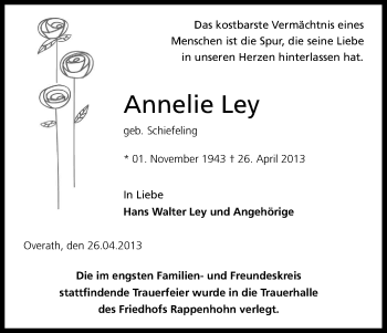 Anzeige von Annelie Ley von Kölner Stadt-Anzeiger / Kölnische Rundschau / Express