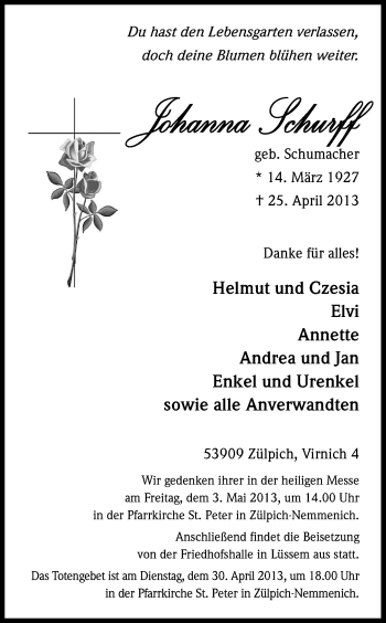 Anzeige von Johanna Schurff von Kölner Stadt-Anzeiger / Kölnische Rundschau / Express