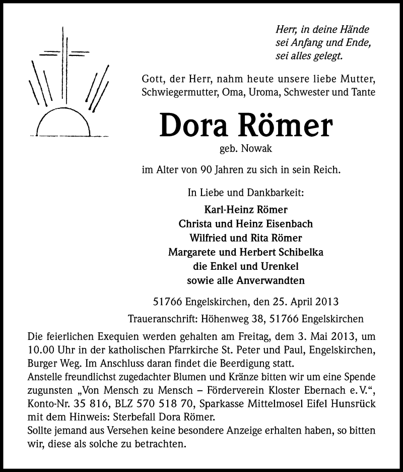  Traueranzeige für Dora Römer vom 29.04.2013 aus Kölner Stadt-Anzeiger / Kölnische Rundschau / Express