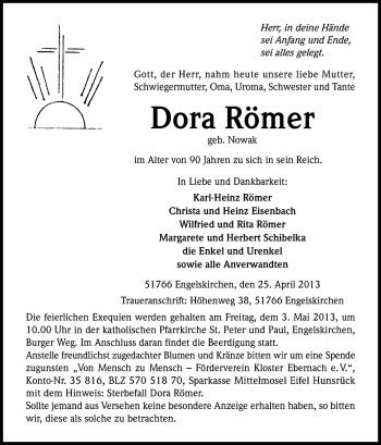 Anzeige von Dora Römer von Kölner Stadt-Anzeiger / Kölnische Rundschau / Express