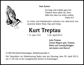 Anzeige von Kurt Treptau von Kölner Stadt-Anzeiger / Kölnische Rundschau / Express