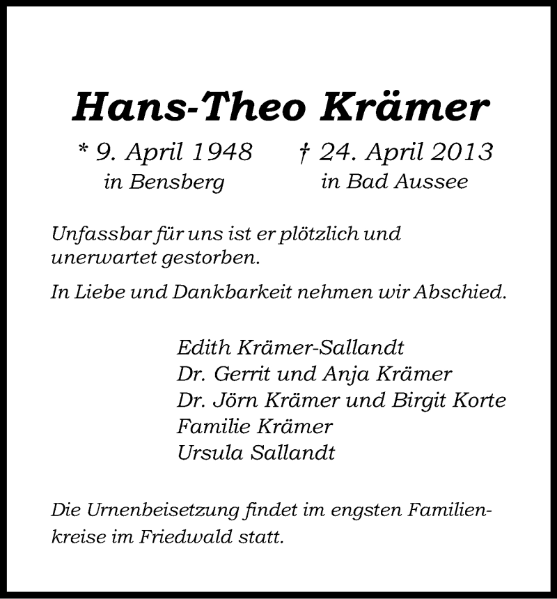  Traueranzeige für Hans-Theo Krämer vom 30.04.2013 aus Kölner Stadt-Anzeiger / Kölnische Rundschau / Express