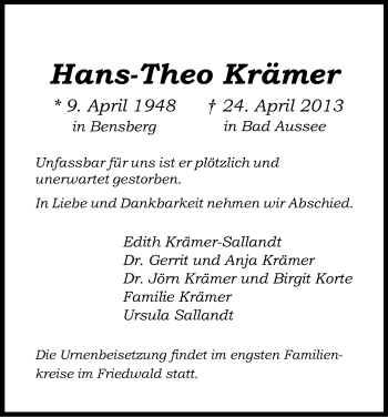 Anzeige von Hans-Theo Krämer von Kölner Stadt-Anzeiger / Kölnische Rundschau / Express