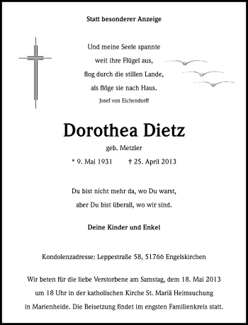Anzeige von Dorothea Dietz von Kölner Stadt-Anzeiger / Kölnische Rundschau / Express