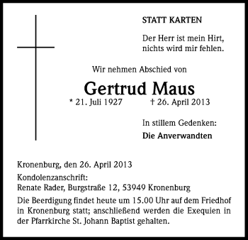 Anzeige von Gertrud Maus von Kölner Stadt-Anzeiger / Kölnische Rundschau / Express