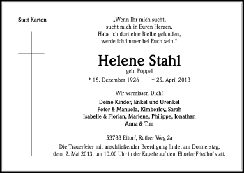 Anzeige von Helene Stahl von Kölner Stadt-Anzeiger / Kölnische Rundschau / Express