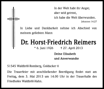 Anzeige von Horst-Friedrich Reimers von Kölner Stadt-Anzeiger / Kölnische Rundschau / Express