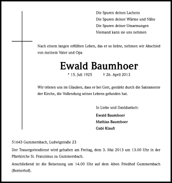 Anzeige von Ewald Baumhoer von Kölner Stadt-Anzeiger / Kölnische Rundschau / Express