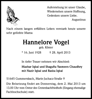 Anzeige von Hannelore Vogel von Kölner Stadt-Anzeiger / Kölnische Rundschau / Express