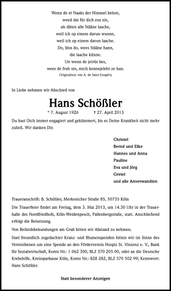 Anzeige von Hans Schößler von Kölner Stadt-Anzeiger / Kölnische Rundschau / Express