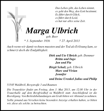 Anzeige von Marga Ulbrich von Kölner Stadt-Anzeiger / Kölnische Rundschau / Express