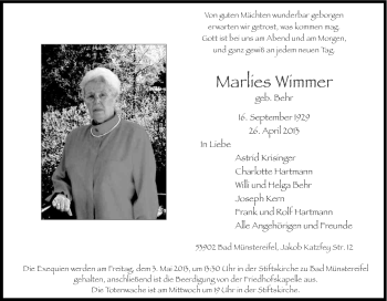 Anzeige von Marlies Wimmer von Kölner Stadt-Anzeiger / Kölnische Rundschau / Express