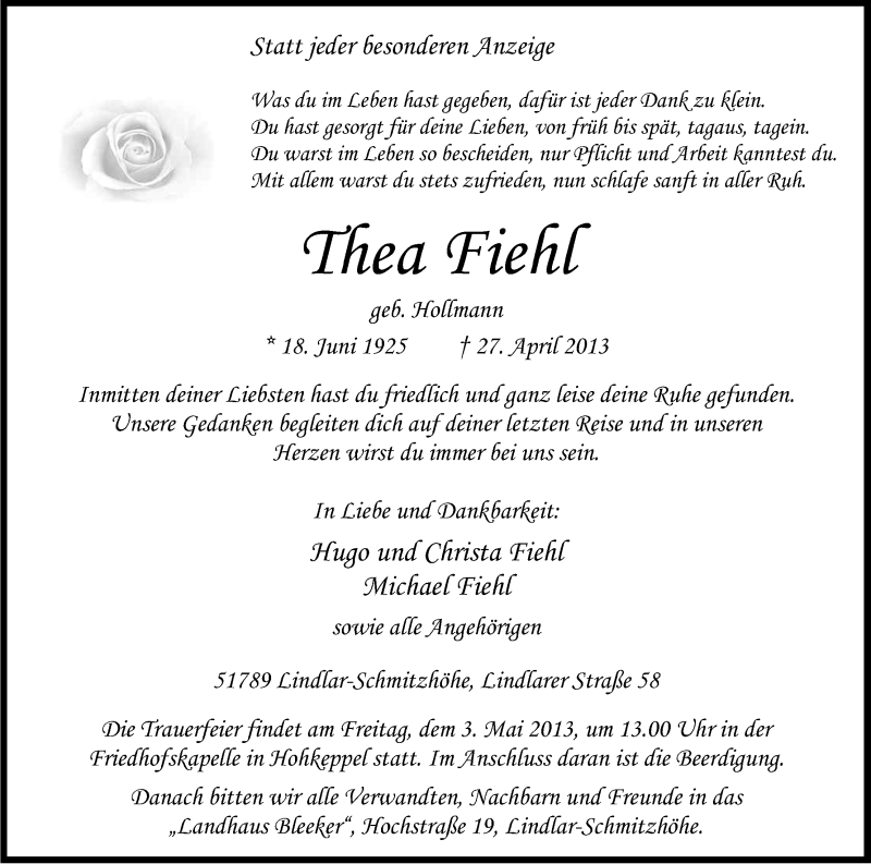  Traueranzeige für Thea Fiehl vom 30.04.2013 aus Kölner Stadt-Anzeiger / Kölnische Rundschau / Express