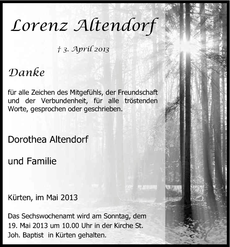  Traueranzeige für Lorenz Altendorf vom 11.05.2013 aus Kölner Stadt-Anzeiger / Kölnische Rundschau / Express