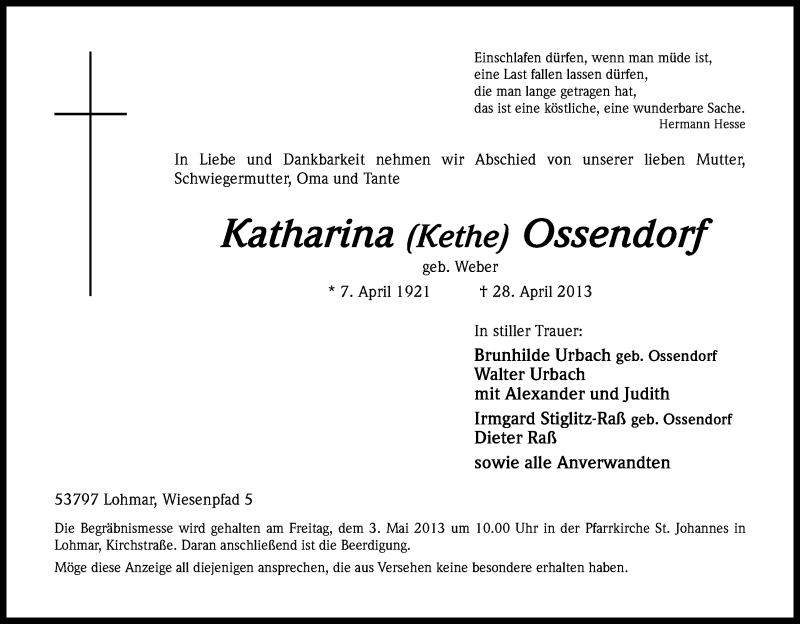  Traueranzeige für Katharina Ossendorf vom 30.04.2013 aus Kölner Stadt-Anzeiger / Kölnische Rundschau / Express