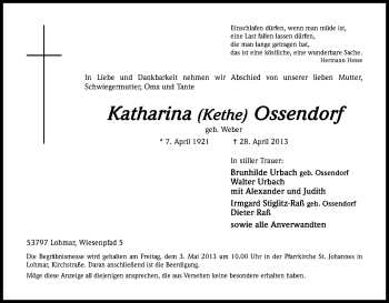 Anzeige von Katharina Ossendorf von Kölner Stadt-Anzeiger / Kölnische Rundschau / Express