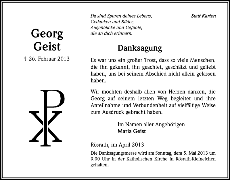  Traueranzeige für Georg Geist vom 30.04.2013 aus Kölner Stadt-Anzeiger / Kölnische Rundschau / Express