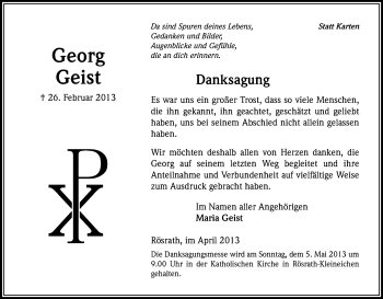 Anzeige von Georg Geist von Kölner Stadt-Anzeiger / Kölnische Rundschau / Express