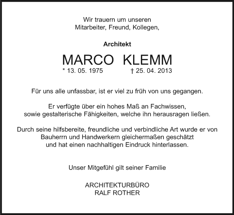  Traueranzeige für Marco Klemm vom 30.04.2013 aus Kölner Stadt-Anzeiger / Kölnische Rundschau / Express
